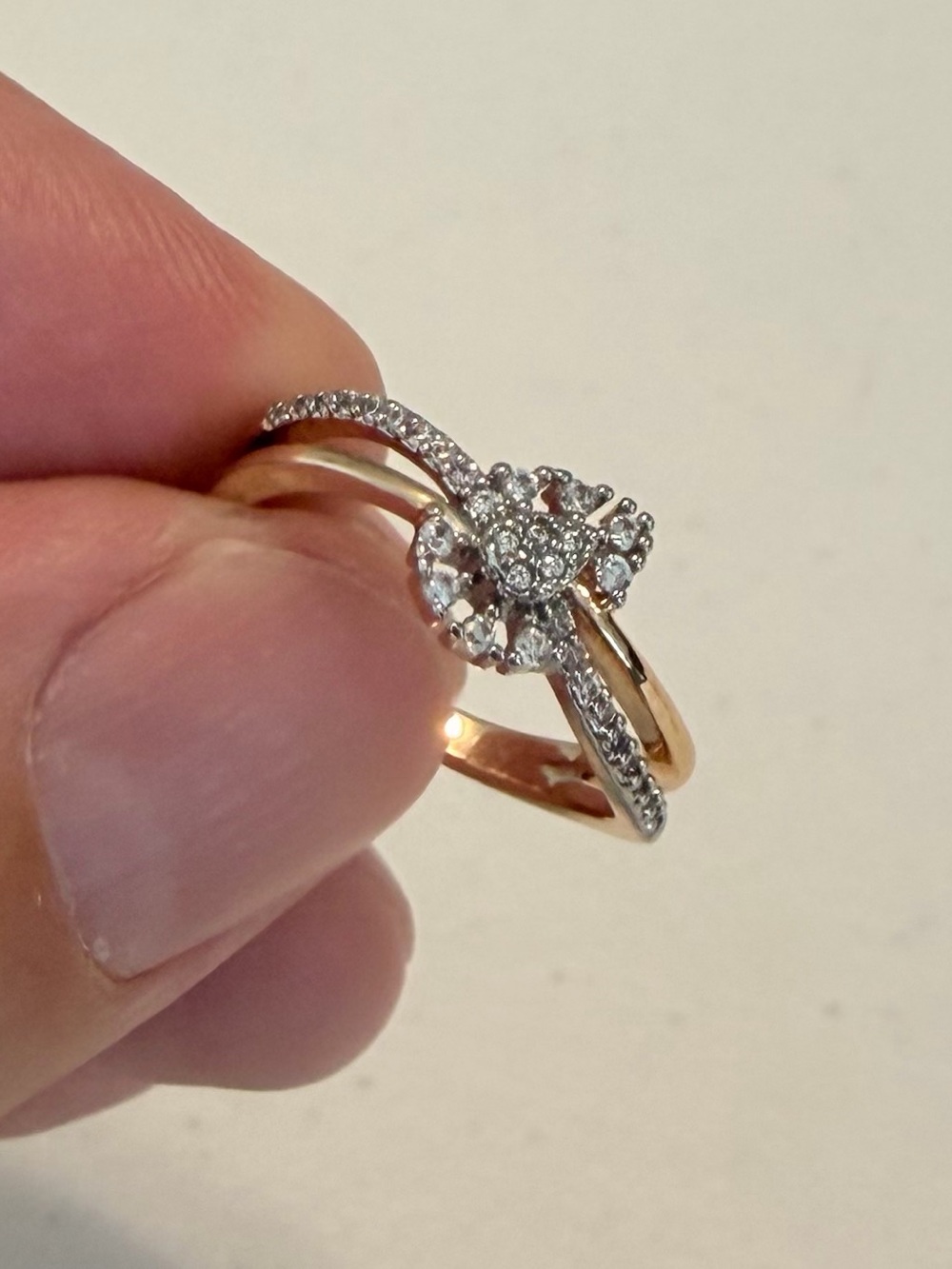 Rose Gold Floral Halo Diamond Ring. - Picture 6 of 8